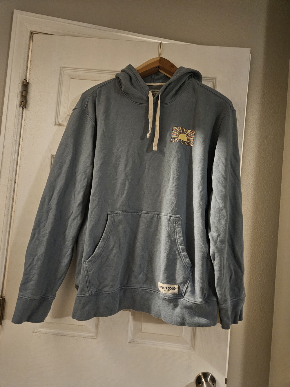 Life Is Good Men's Dusty Blue Hoodie with Sunburst Chest Patch